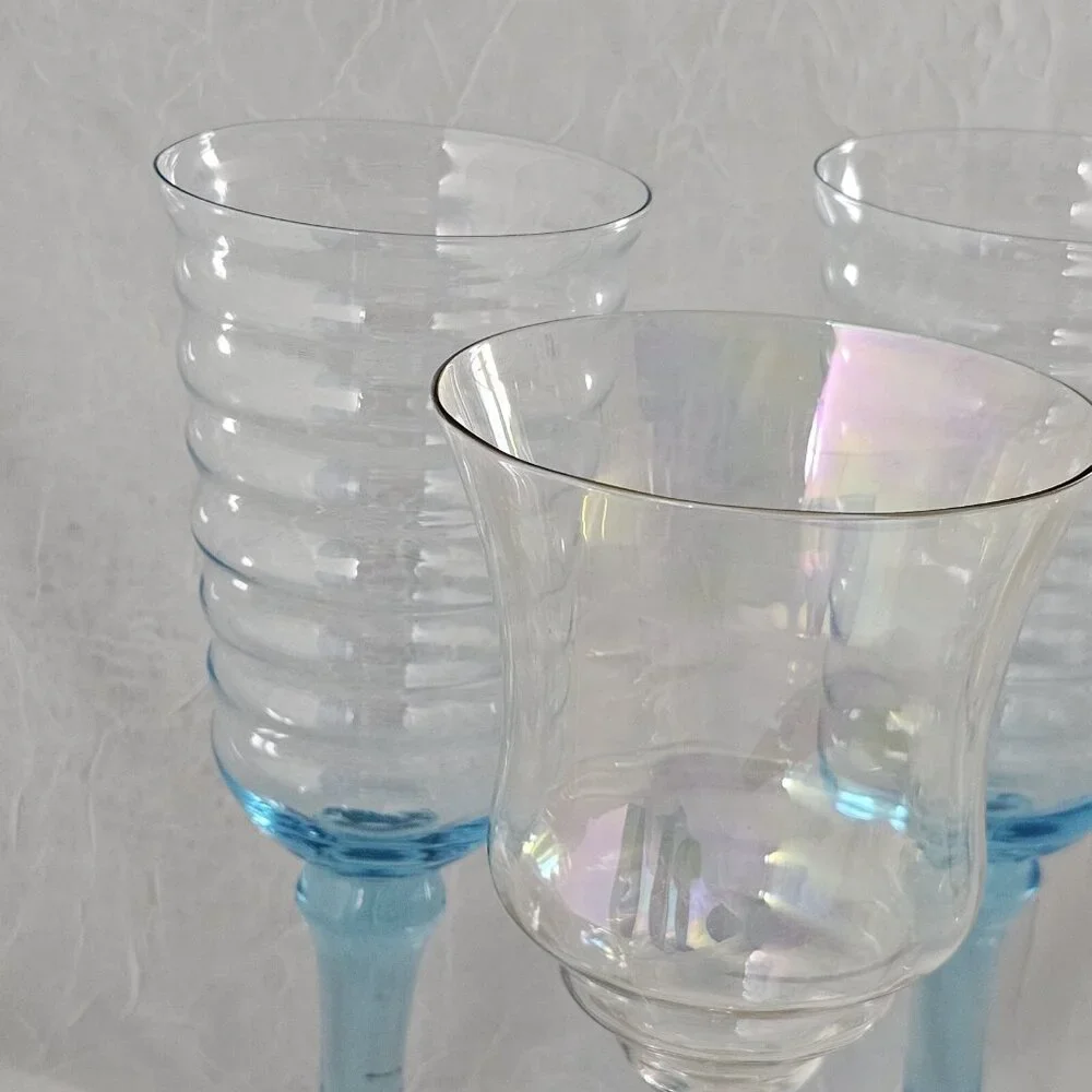 Mismatched Wine Water Goblets set of 4 mixed blue and iridescent glasses party - Picture 4 of 8